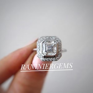 Handmade Asscher Cut Moissanite Ring: Halo Silver Promise Ring