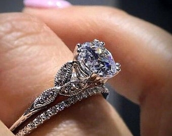 Handmade Round Moissanite Wedding Ring Set: Half Eternity Band