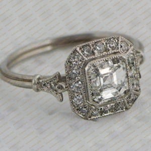 Circa 1920's Asscher & Round Cut Moissanite Diamond Ring, Art Deco Halo Set Ring, Wedding Engagement Ring, Vintage Style 14K Gold Ring,