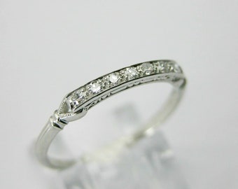Art Deco Diamond Band Ring, Milgrain Stackable Wedding Band, Handmade Anniversary Ring