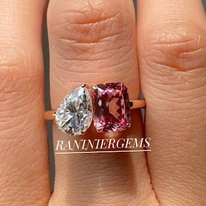 Handmade Radiant & Pear Cut Diamond Ring: Two Stone Toi Et Moi Ring