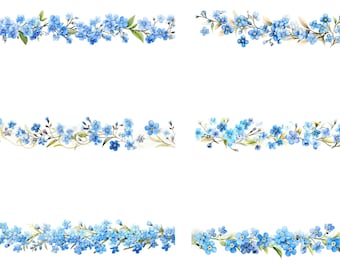 Floral Border, Forget me not Border, Digital Clipart, Watercolor clipart, 8 High Quality PNGs, Digital download, Paper craft, junk journal