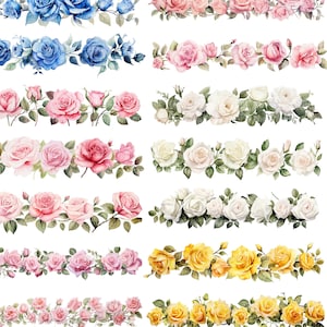 Clipart bordo floreale, bordo rose, clipart digitale, clipart acquerello, 16 PNG di alta qualità, download digitale, artigianato di carta, diario spazzatura