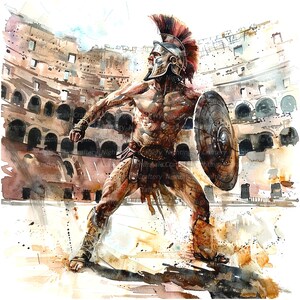 Op de afbeelding: Een aquarel van een Romeinse gladiator in het Colosseum. De gladiator draagt een helm en harnas en houdt een schild en een zwaard vast. Het Colosseum is op de achtergrond, en de schildering is in een realistische stijl gemaakt.
