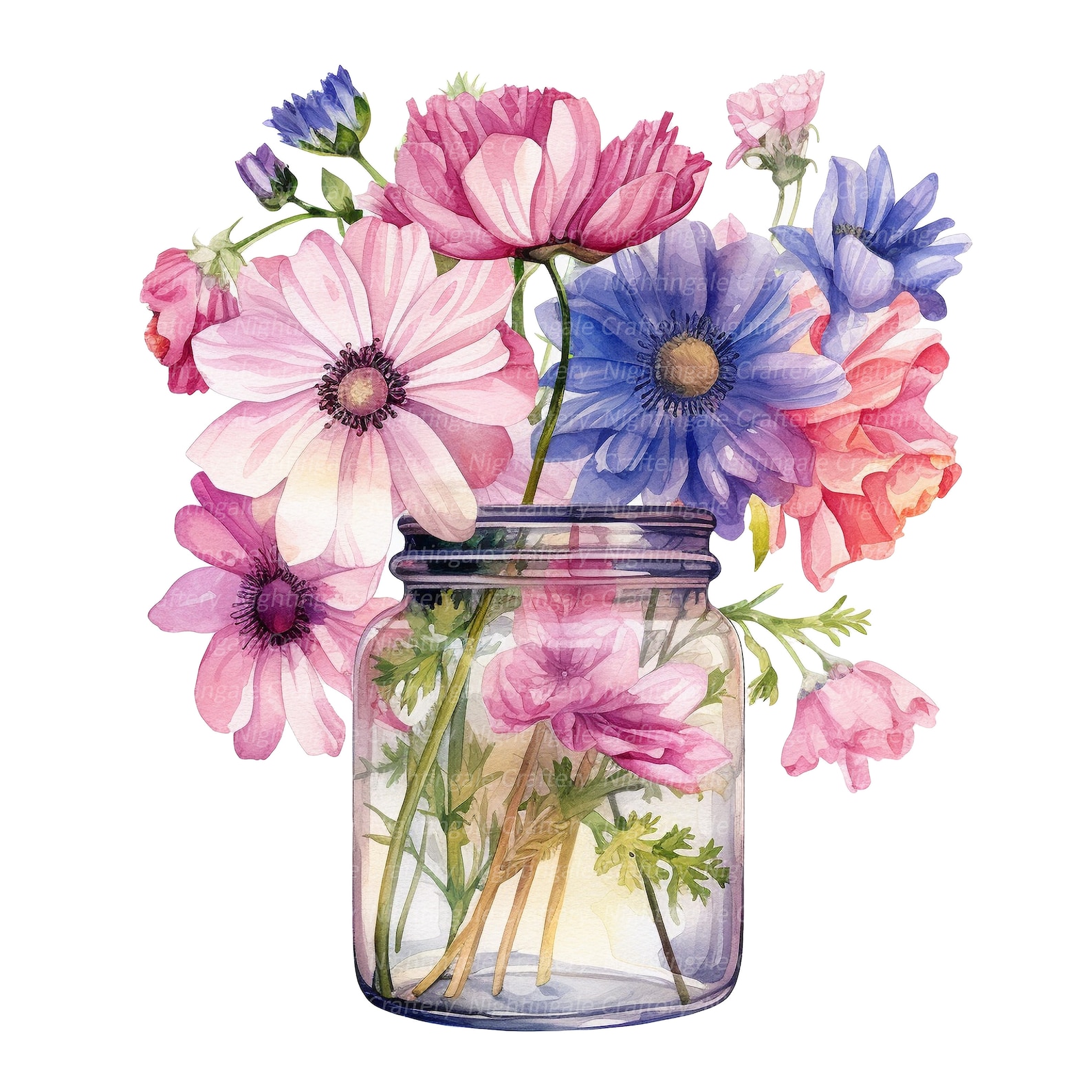 16 Flowers in Jar Clipart, Wild Flowers Clipart, Printable Watercolor ...