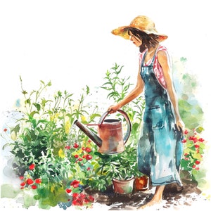 9 Mujer regando flores Clipart Set 3, Imágenes prediseñadas de acuarela imprimibles, JPG de alta calidad, Descarga digital, Artesanía de papel, diarios basura