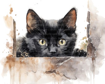 9 kikande katt clipart, svart katt clipart, utskrivbara akvarell clipart, högkvalitativa JPG-bilder, digital nedladdning, hög upplösning, papperspyssel