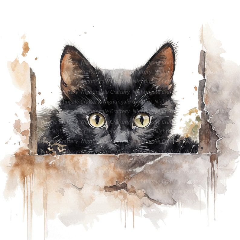 May include: A black cat with yellow eyes peeks out from behind a weathered wooden wall. The cat's fur is painted in a watercolor style, giving it a soft, dreamy look.