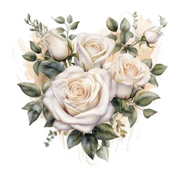 12 weiße Rosen Bouquet Clipart, Hochzeitsstrauß, druckbare Aquarell Clipart, digitaler Download, hohe Auflösung, Papiermodell, Junk Journals