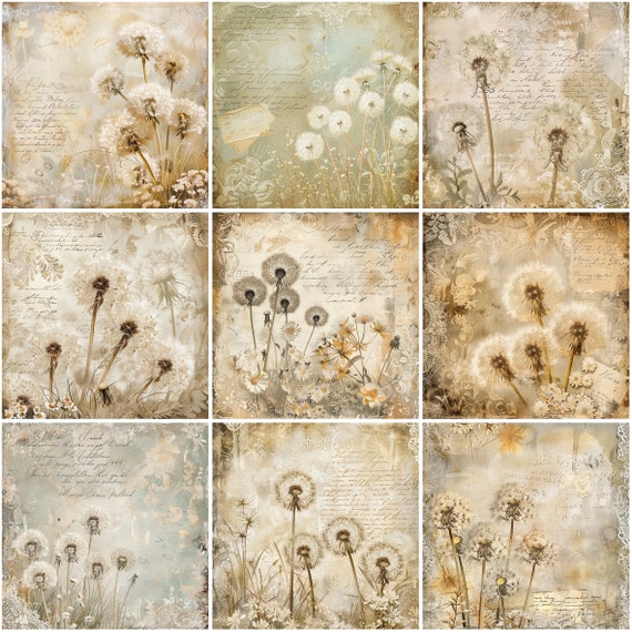 18 Vintage Dandelion Background Papers, 12 X 12 Digital