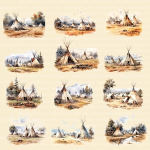 K&ouml;nnte beinhalten: Aquarellillustrationen von Tipis der amerikanischen Ureinwohner in einer nat&uuml;rlichen Landschaft. Das Kunstwerk zeigt verschiedene Szenen von Tipis, B&auml;umen und Bergen mit einer warmen Farbpalette aus Braun-, Beige- und Blaut&ouml;nen. Die Bilder evozieren Geschichte und Natur.