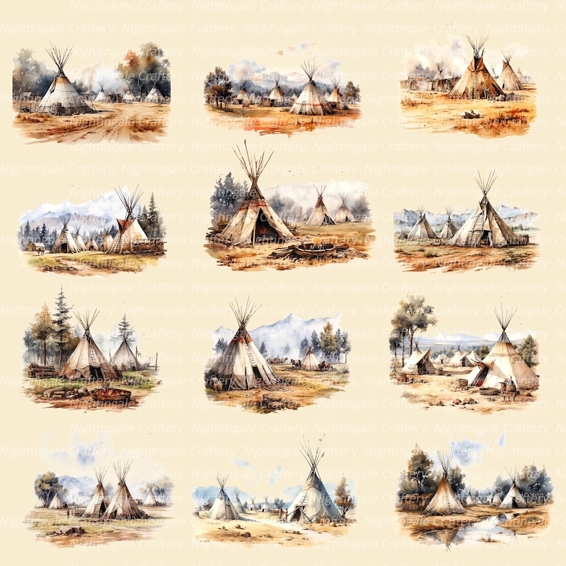 K&ouml;nnte beinhalten: Aquarellillustrationen von Tipis der amerikanischen Ureinwohner in einer nat&uuml;rlichen Landschaft. Das Kunstwerk zeigt verschiedene Szenen von Tipis, B&auml;umen und Bergen mit einer warmen Farbpalette aus Braun-, Beige- und Blaut&ouml;nen. Die Bilder evozieren Geschichte und Natur.