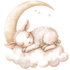 May include: A watercolor illustration of a white sheep sleeping on a cloud with a crescent moon in the background. The sheep has its eyes closed and is curled up on the cloud. There are small stars in the background.