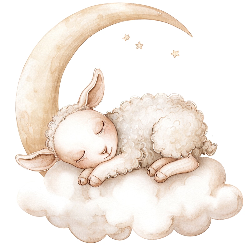 May include: A watercolor illustration of a white sheep sleeping on a cloud with a crescent moon in the background. The sheep has its eyes closed and is curled up on the cloud. There are small stars in the background.