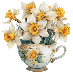 10 jonquilles dans des cliparts de tasse de thé, tasse de thé florale, clipart aquarelle imprimable, JPG de haute qualité, téléchargement numérique, créations en papier, journal de bordel