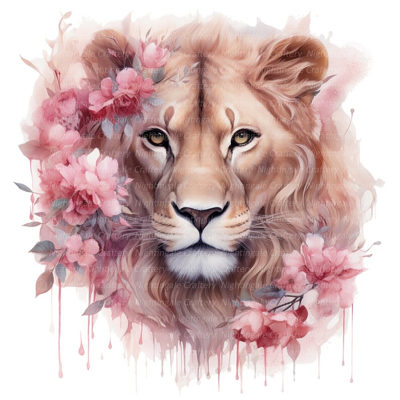 May include: A watercolor painting of a lion's face with pink flowers surrounding it. The lion has a serious expression and its fur is a light brown color. The flowers are a soft pink color and have a watercolor effect.