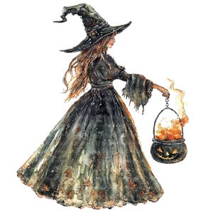 May include: A watercolor painting of a witch in a black dress and hat, holding a cauldron with flames and smoke. The witch has long brown hair and is walking towards the cauldron.
