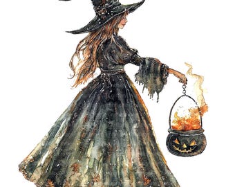 14 Halloween Witch Clipart, Witch Ephemera, Printable Watercolor clipart, High Quality JPGs, Digital download, Paper craft, sublimation