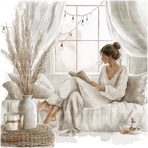 8 chambre scandinave, clipart chambre à coucher bohème, clipart aquarelle imprimable, fichiers JPG de haute qualité, téléchargement numérique, créations en papier, journal indésirable