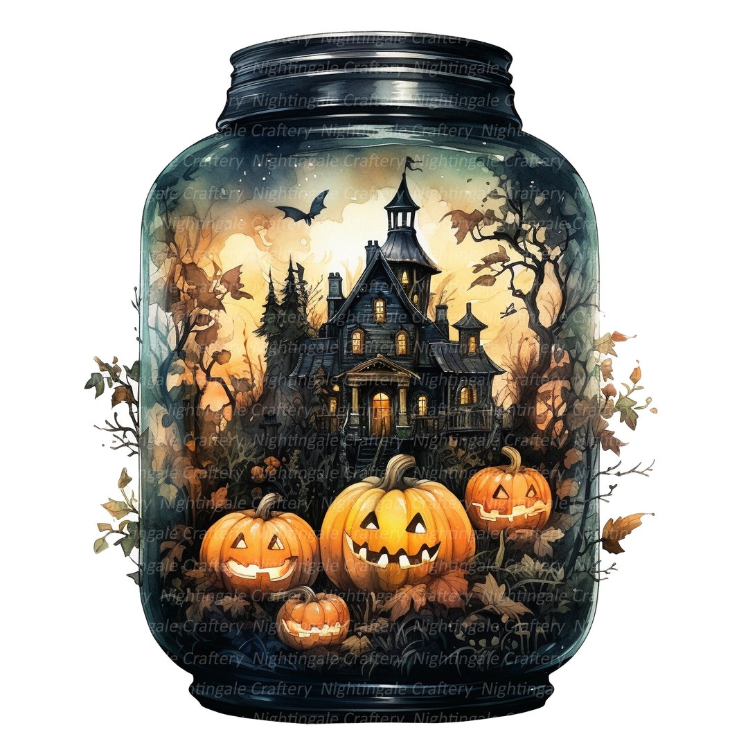 14 Halloween Jar Clipart, Haunted House Jar, Printable Watercolor ...
