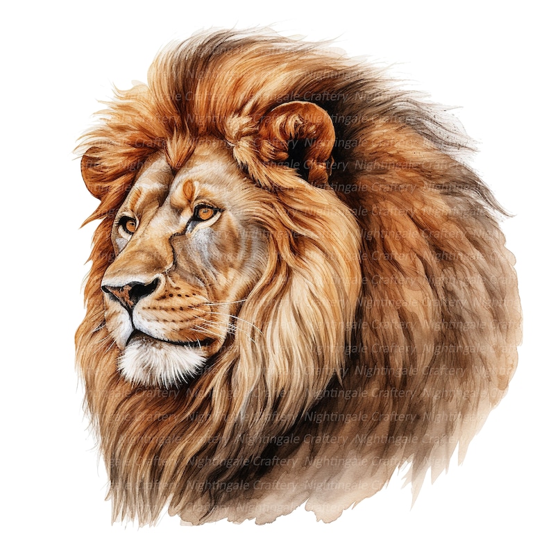 Puede incluir: Una pintura de acuarela de la cabeza de un le&oacute;n con una espesa melena de pelo marr&oacute;n y dorado. El le&oacute;n mira hacia la derecha, con una expresi&oacute;n seria en su rostro.