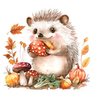 11 Harvester Hedgehog Clipart, Vegetais, Clipart de aquarela para impressão, JPG/PNGs de alta qualidade, Download digital, Artesanato em papel, diários de lixo