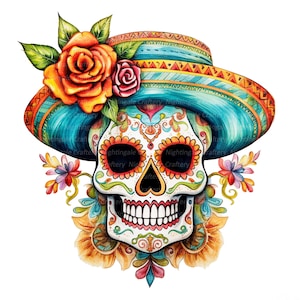 12 Clipart tête de mort en sucre, tête de mort floral, sombrero, clipart aquarelle imprimable, PNG de haute qualité, téléchargement numérique, créations en papier, journal de bordel