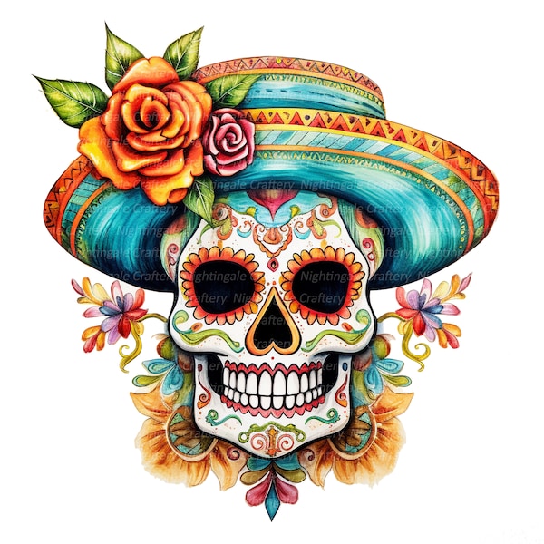 12 Sugar Skull Clipart, Floral Skull, Sombrero, Printable Watercolor clipart, High Quality JPGs, Digital download, Paper craft, junk journal