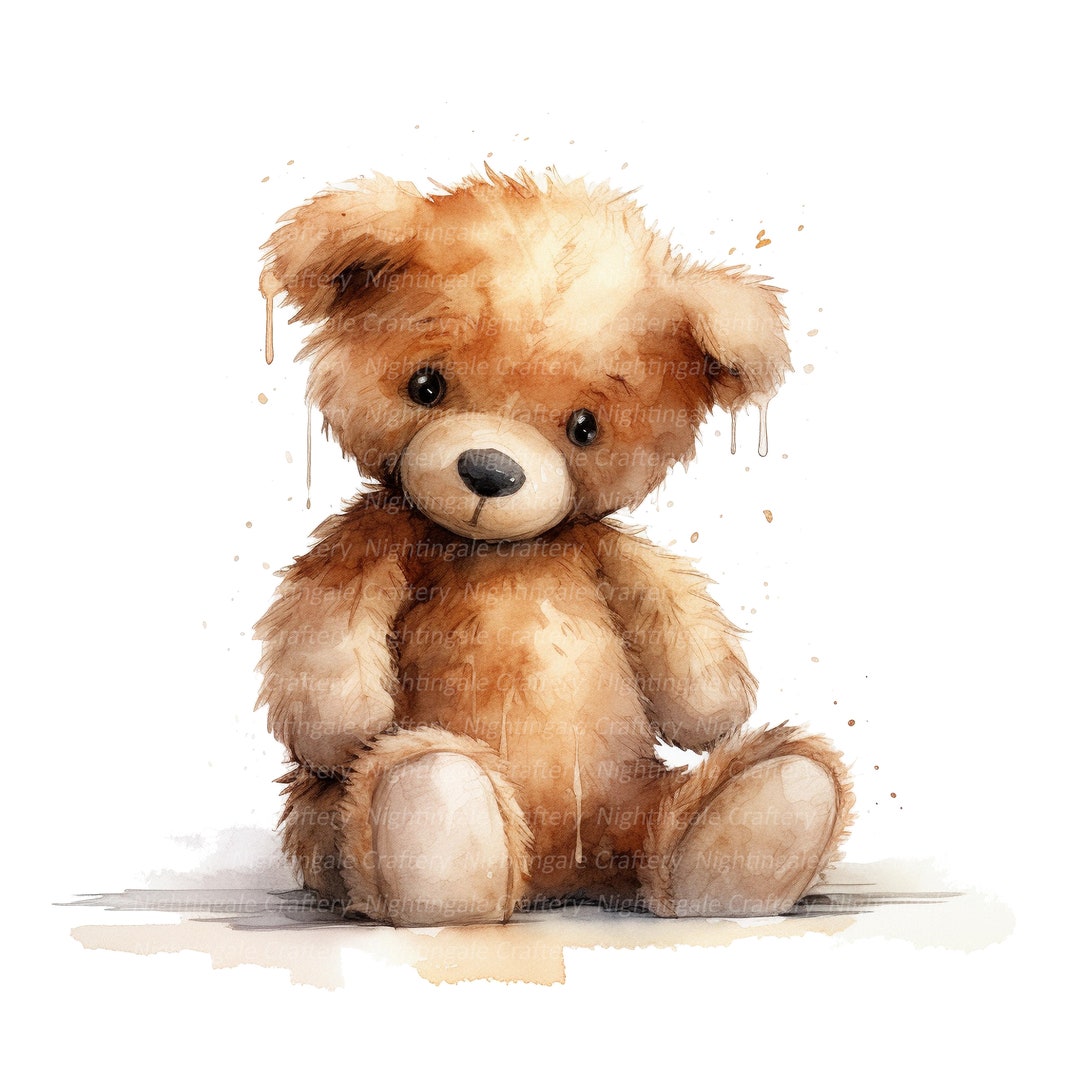 12 Teddy Bear Clipart, Sad Teddy Bear, Printable Watercolor