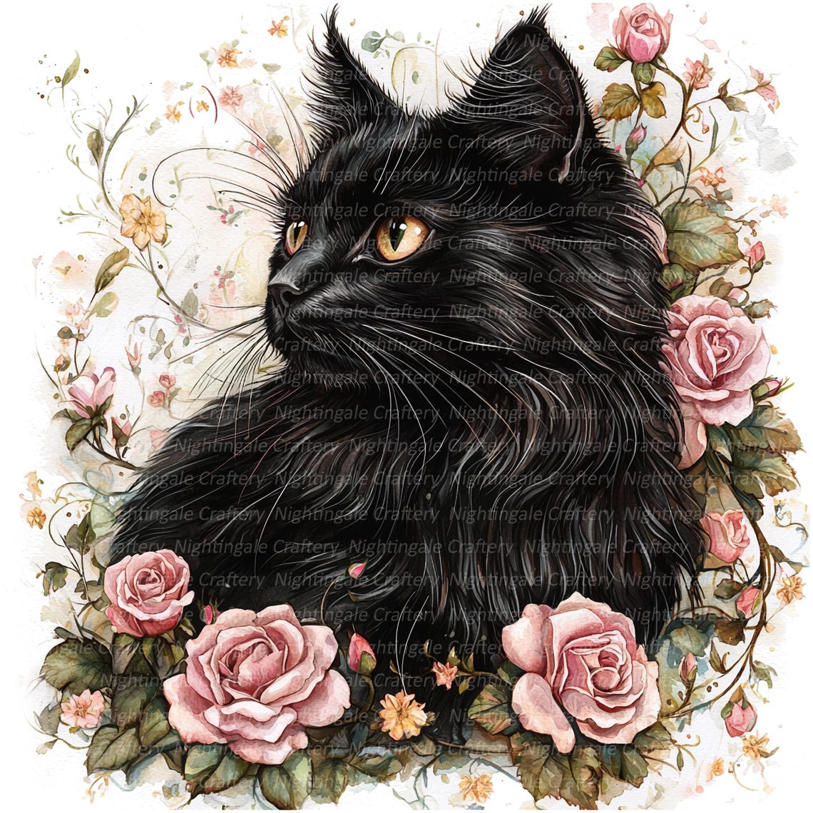 10 Floral Cats, Cats Clipart, Cat in Roses, Printable Watercolor ...