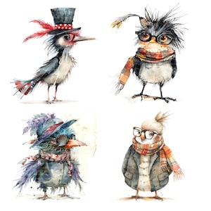 13 Imágenes Prediseñadas de pájaros caprichosos, disfrazados, imágenes prediseñadas digitales, imágenes prediseñadas de acuarela, JPG de alta calidad, imágenes prediseñadas imprimibles, descarga digital, artesanías