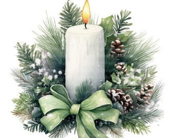 May include: A white candle with a lit flame is surrounded by a wreath of green pine branches, holly leaves, and pine cones dusted with white snow. A green satin bow is tied around the base of the candle.