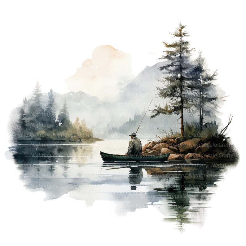 May include: A watercolor painting of a person in a canoe on a lake, surrounded by trees and mountains. The scene is peaceful and serene, with a soft, misty atmosphere.