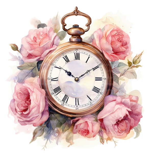 12 cliparts horloge florale, horloge vintage, clipart aquarelle imprimable, fichiers JPG de haute qualité, téléchargement numérique, haute résolution, créations en papier