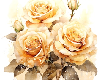 9 Yellow Roses Clipart, Golden Roses bouquet, Printable Watercolor clipart, Digital download, High resolution, Paper craft, junk journals