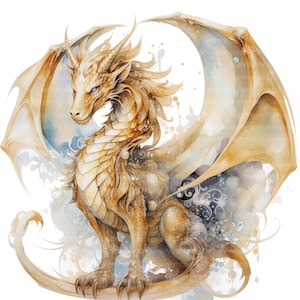 12 cliparts Golden Dragon, Dragon chinois, clipart aquarelle imprimable, PNG/JPG de haute qualité, téléchargement numérique, créations en papier, journaux indésirables