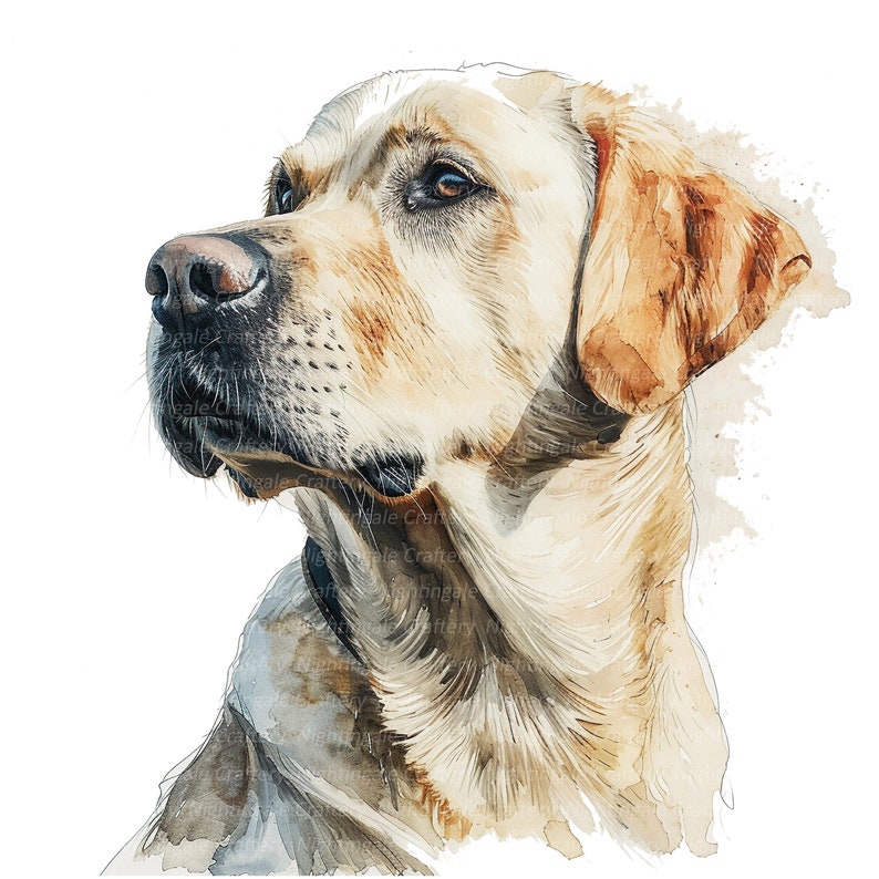 May include: A watercolor painting of a light brown Labrador Retriever dog with a white chest and a soft, gentle expression. The dog is looking to the left of the image and has a light brown collar.