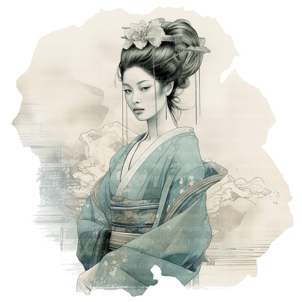 10 cliparts de geisha, geisha vintage, encre de geisha, clipart aquarelle imprimable, fichiers JPG de haute qualité, téléchargement numérique, créations en papier, journaux indésirables