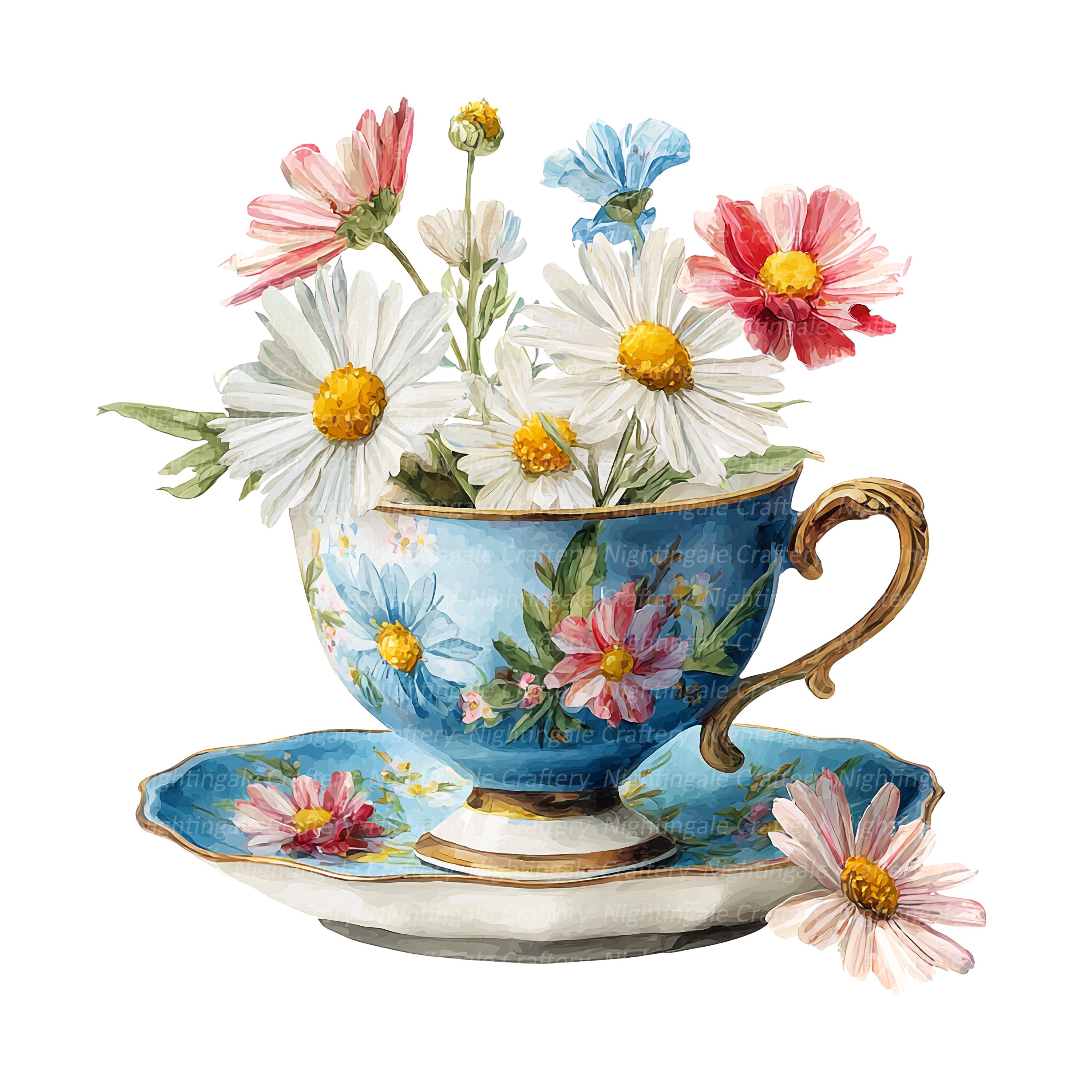 14 Floral Tea Cup Clipart, Floral Tea Set 2, Printable Watercolor