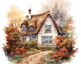 Cottage in Autumn Clipart, Printable Watercolor clipart, 10 High Quality JPGs, Digital download, High Resolution, Paper craft, junk journals