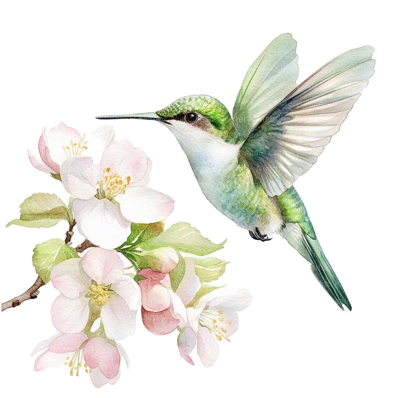 May include: A watercolor painting of a hummingbird with green and white feathers hovering near a branch of white apple blossoms.