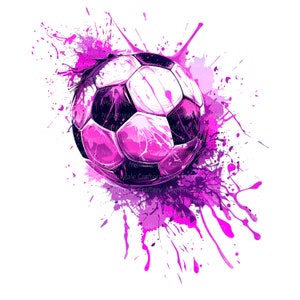 May include: A digitally created soccer ball design in shades of pink and black, set against a backdrop of vibrant pink paint splatters. The artwork has a modern, artistic feel, perfect for sports-themed products.