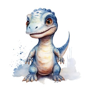 K&ouml;nnte beinhalten: Ein Aquarellbild eines niedlichen blauen Dinosauriers mit einem hellbraunen Bauch und gro&szlig;en braunen Augen. Der Dinosaurier sitzt auf einem wei&szlig;en Hintergrund mit blauen Aquarellspritzern.