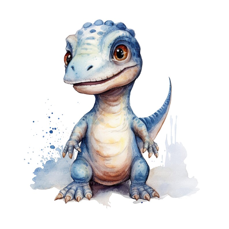 K&ouml;nnte beinhalten: Ein Aquarellbild eines niedlichen blauen Dinosauriers mit einem hellbraunen Bauch und gro&szlig;en braunen Augen. Der Dinosaurier sitzt auf einem wei&szlig;en Hintergrund mit blauen Aquarellspritzern.