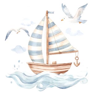 May include: A watercolor painting of a sailboat with blue and white stripes, sailing on blue waves. Two white seagulls are flying above the boat.