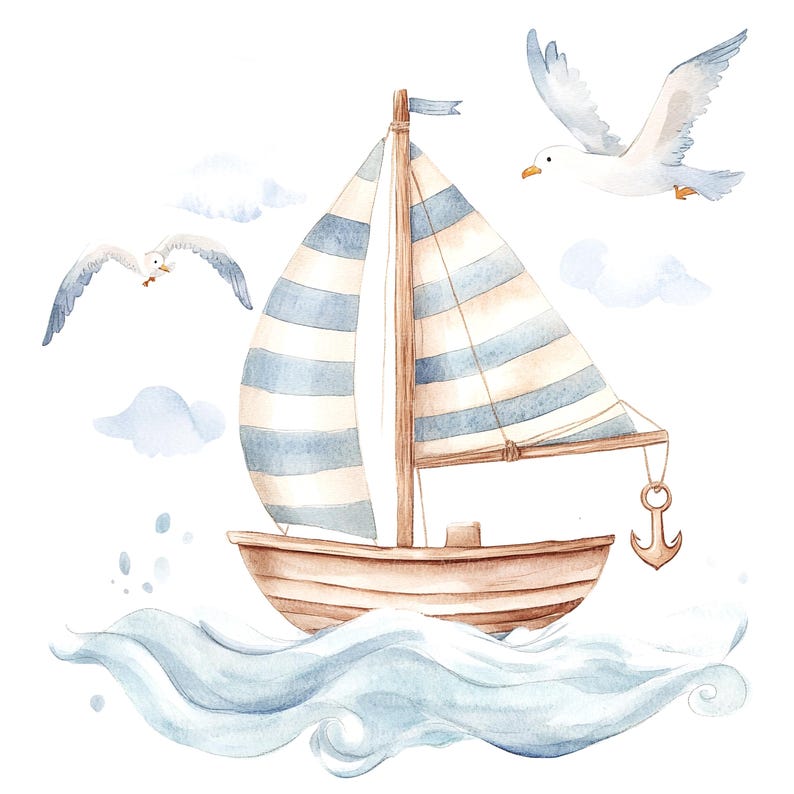 May include: A watercolor painting of a sailboat with blue and white stripes, sailing on blue waves. Two white seagulls are flying above the boat.
