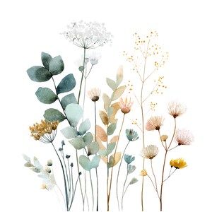 Puede incluir: Ilustración en acuarela de varias flores silvestres y follaje en suaves colores pastel. La imagen presenta delicadas flores en tonos blancos, rosas, amarillos y azules, con hojas y tallos verdes y beige sobre un fondo blanco.