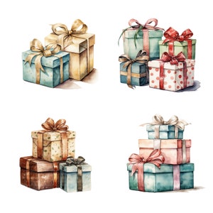以下が含まれることがあります： 異なるパターンと色のギフトボックスのウォーターカラーイラスト4つ。ボックスはリボンと弓で結ばれています。イラストは白い背景です。