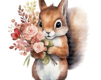 12 Squirrel Clipart, Flowers bouquet, Printable Watercolor clipart, High Quality PNGs, Digital download, Paper craft, junk journals