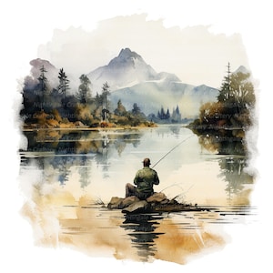 May include: A watercolor painting of a person fishing on a lake in front of a mountain range. The sky is a light blue with white clouds. The lake is a light blue with a reflection of the mountains. The person is wearing a green shirt and a hat. The fishing rod is in the water.